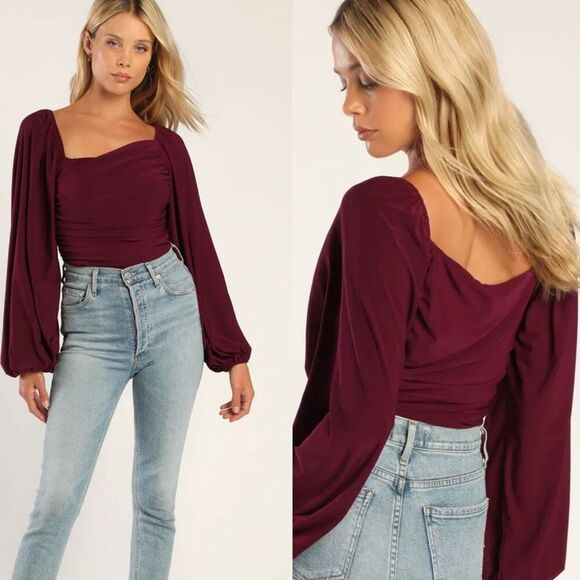 NWT Lulus Anything But Average Plum Purple Ruched Balloon Sleeve Bodysuit Large - Picture 1 of 6
